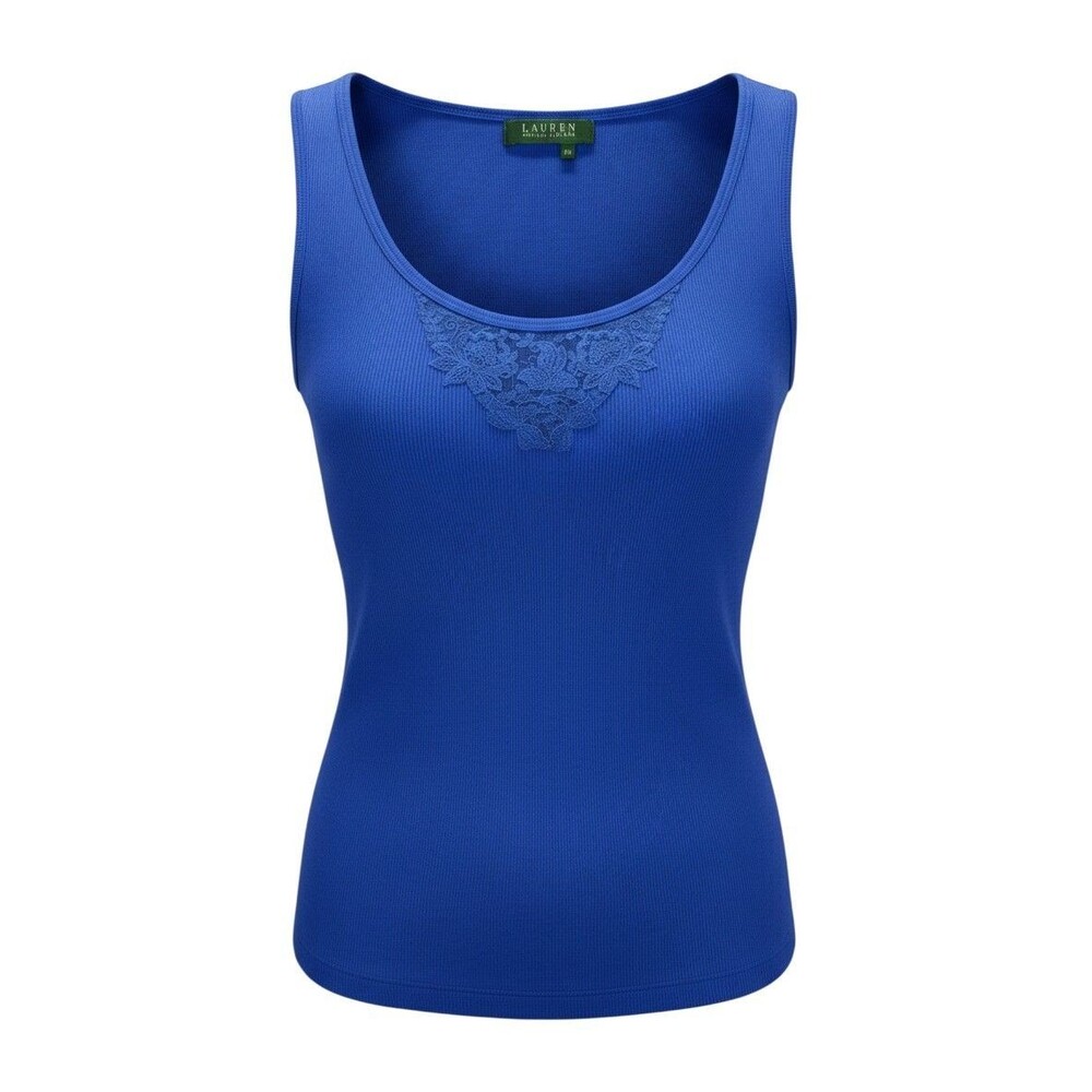 NWT Lauren Ralph Lauren Blue Embroidered Lace Ribbed Tank Top Large Petite